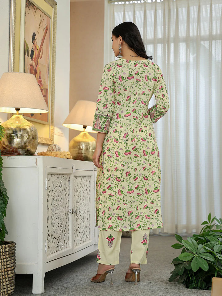 Yellow Cotton Straight Floral Print Kurta Dupatta Set