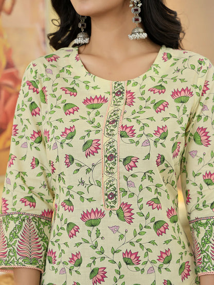 Yellow Cotton Straight Floral Print Kurta Dupatta Set