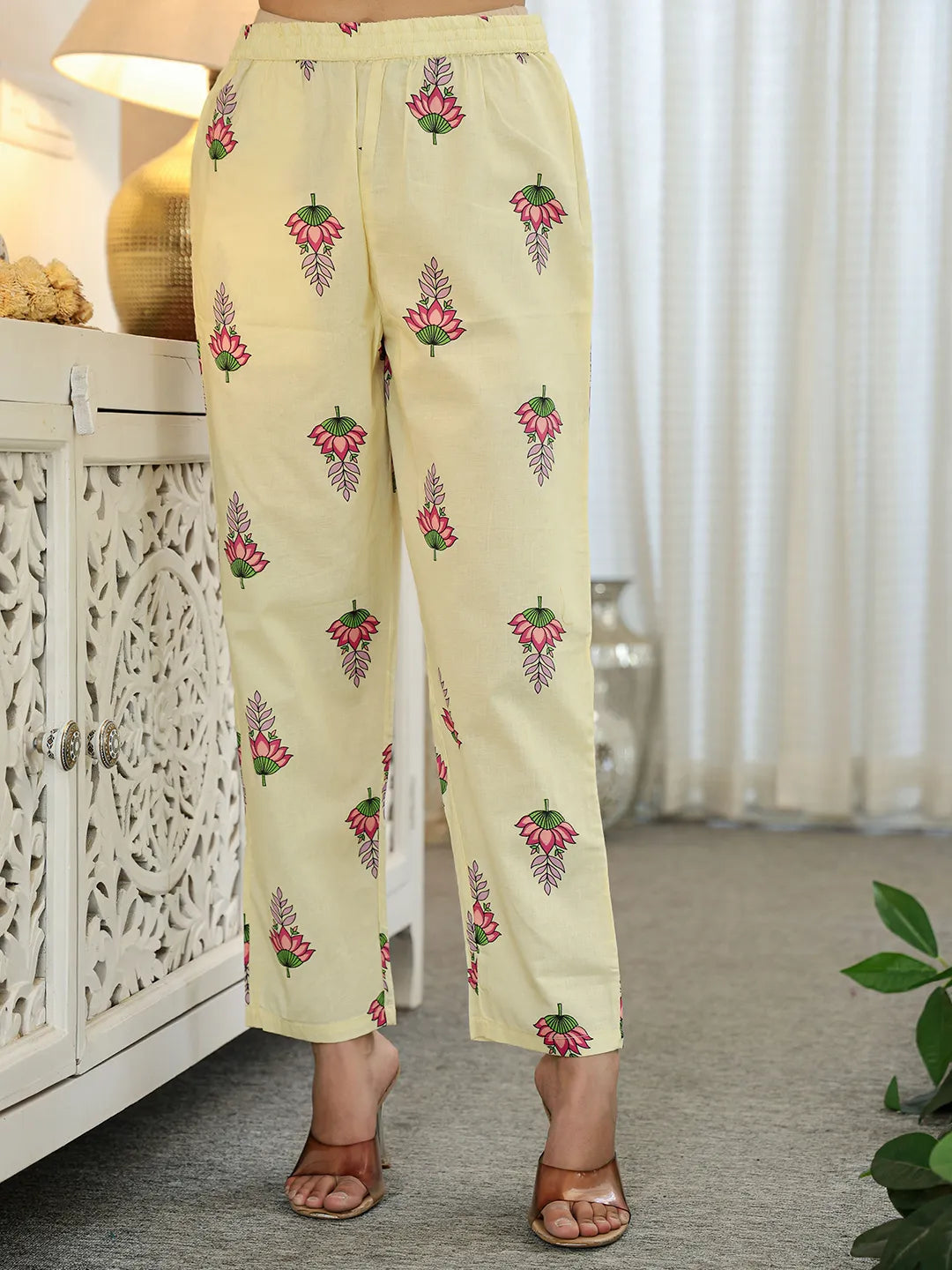 Yellow Cotton Straight Floral Print Kurta Dupatta Set