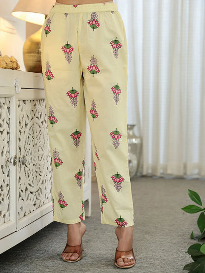 Yellow Cotton Straight Floral Print Kurta Dupatta Set