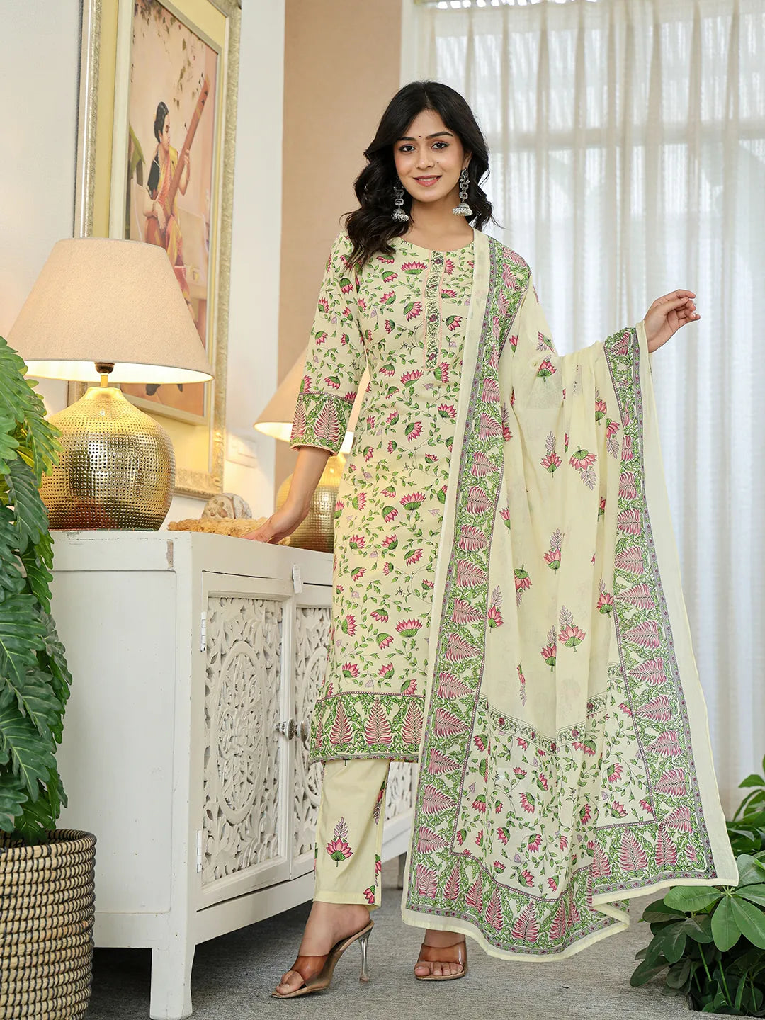 Yellow Cotton Straight Floral Print Kurta Dupatta Set