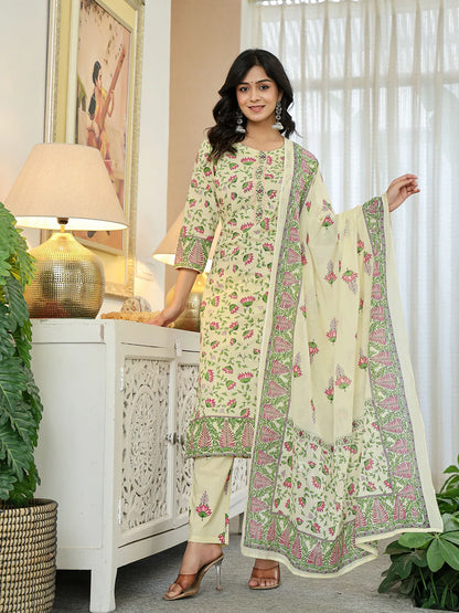 Yellow Cotton Straight Floral Print Kurta Dupatta Set