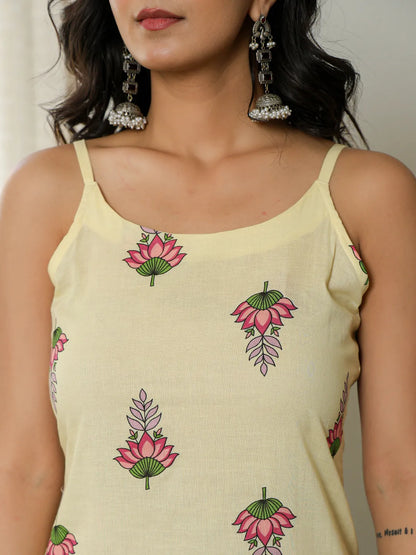 Yellow Cotton Straight Sleeveless Strappy Kurta Dupatta Set