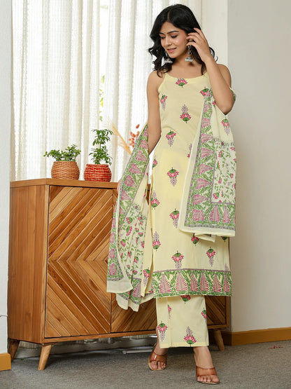 Yellow Cotton Straight Sleeveless Strappy Kurta Dupatta Set