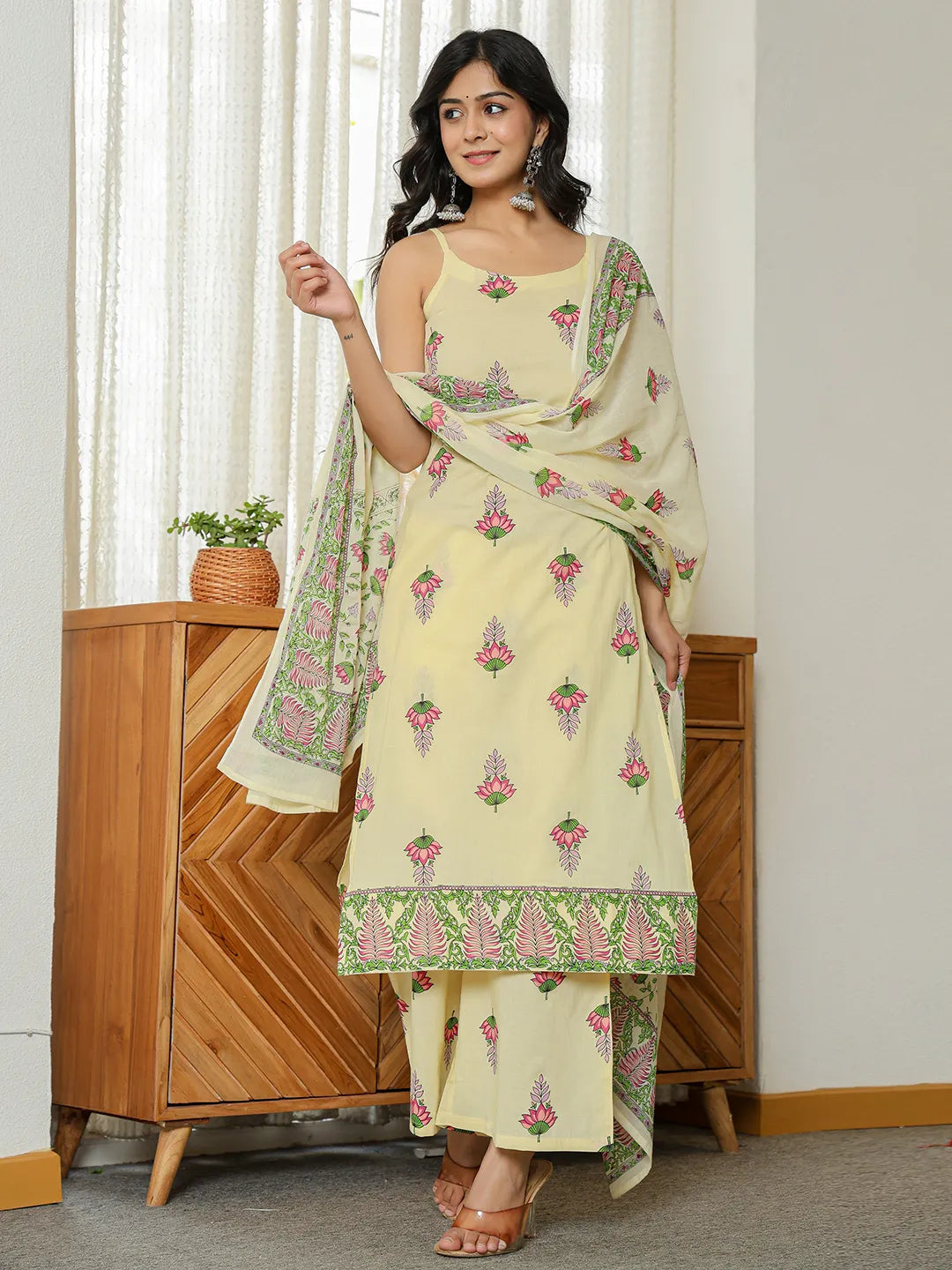 Yellow Cotton Straight Sleeveless Strappy Kurta Dupatta Set