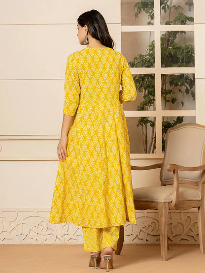 Yellow Embroidered Pure Cotton Anarkali Kurta Trouser With Dupatta Set