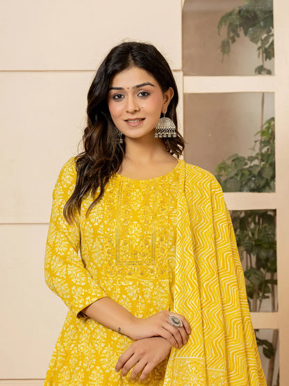 Yellow Embroidered Pure Cotton Anarkali Kurta Trouser With Dupatta Set