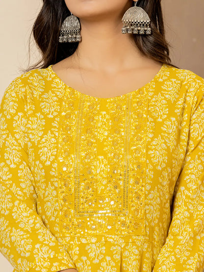 Yellow Embroidered Pure Cotton Anarkali Kurta Trouser With Dupatta Set