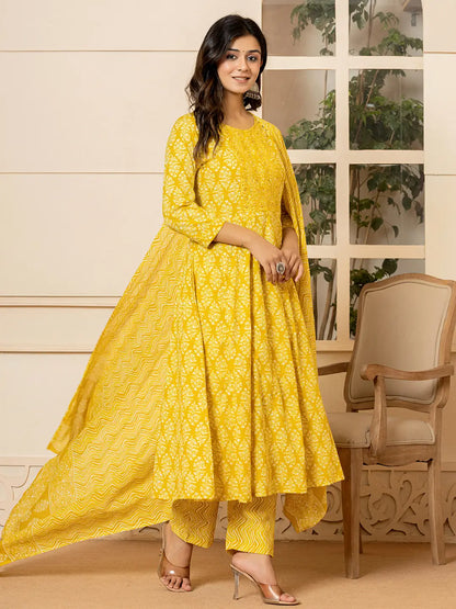 Yellow Embroidered Pure Cotton Anarkali Kurta Trouser With Dupatta Set