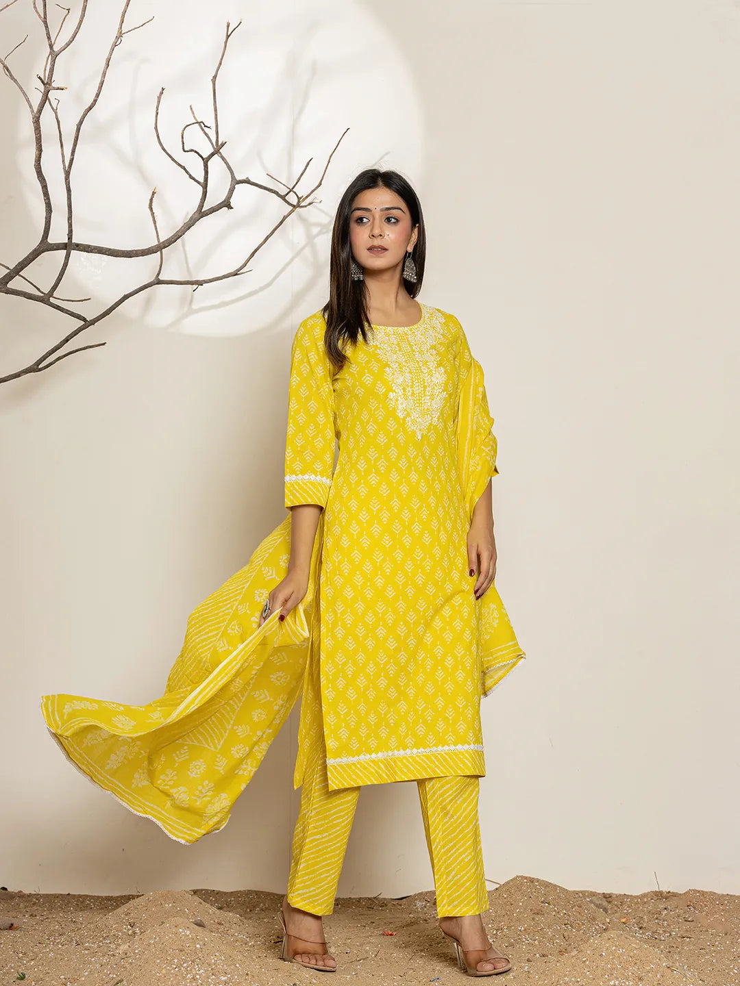 Yellow Ethnic Motifs Cotton Straight Kurta Dupatta Set