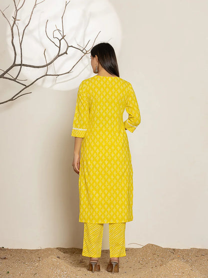 Yellow Ethnic Motifs Cotton Straight Kurta Dupatta Set