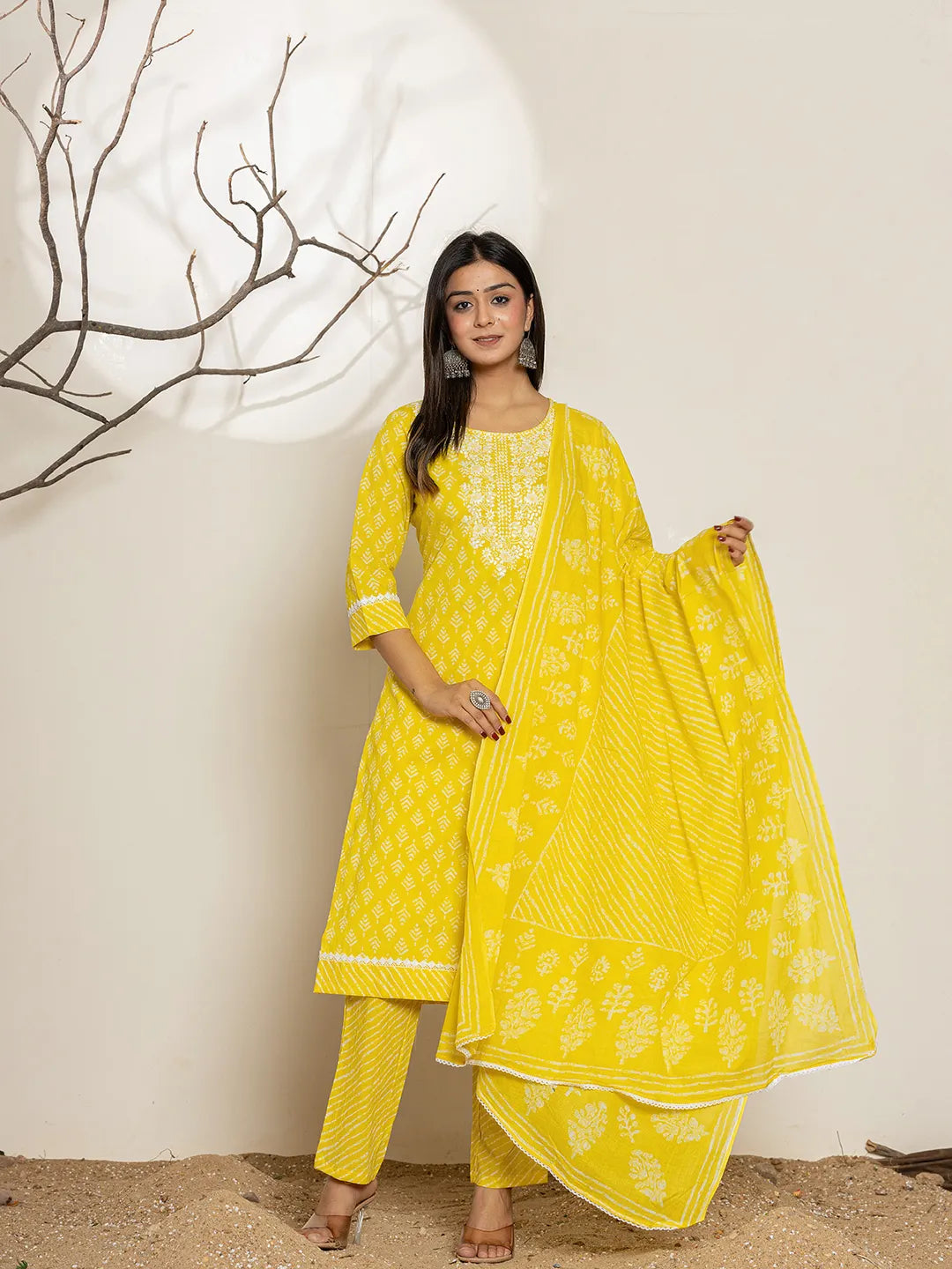 Yellow Ethnic Motifs Cotton Straight Kurta Dupatta Set