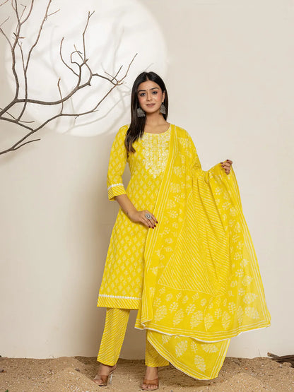 Yellow Ethnic Motifs Cotton Straight Kurta Dupatta Set