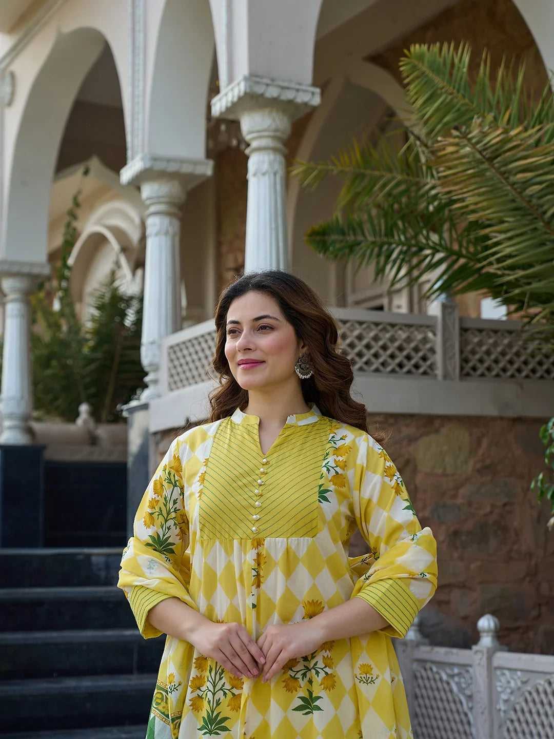 Yellow Floral And Geometric A-Line Button Yoke Kurta Trouser Dupatta Set