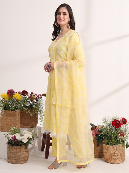 Yellow Floral Lace Work Straight Kurta Pant Dupatta Set