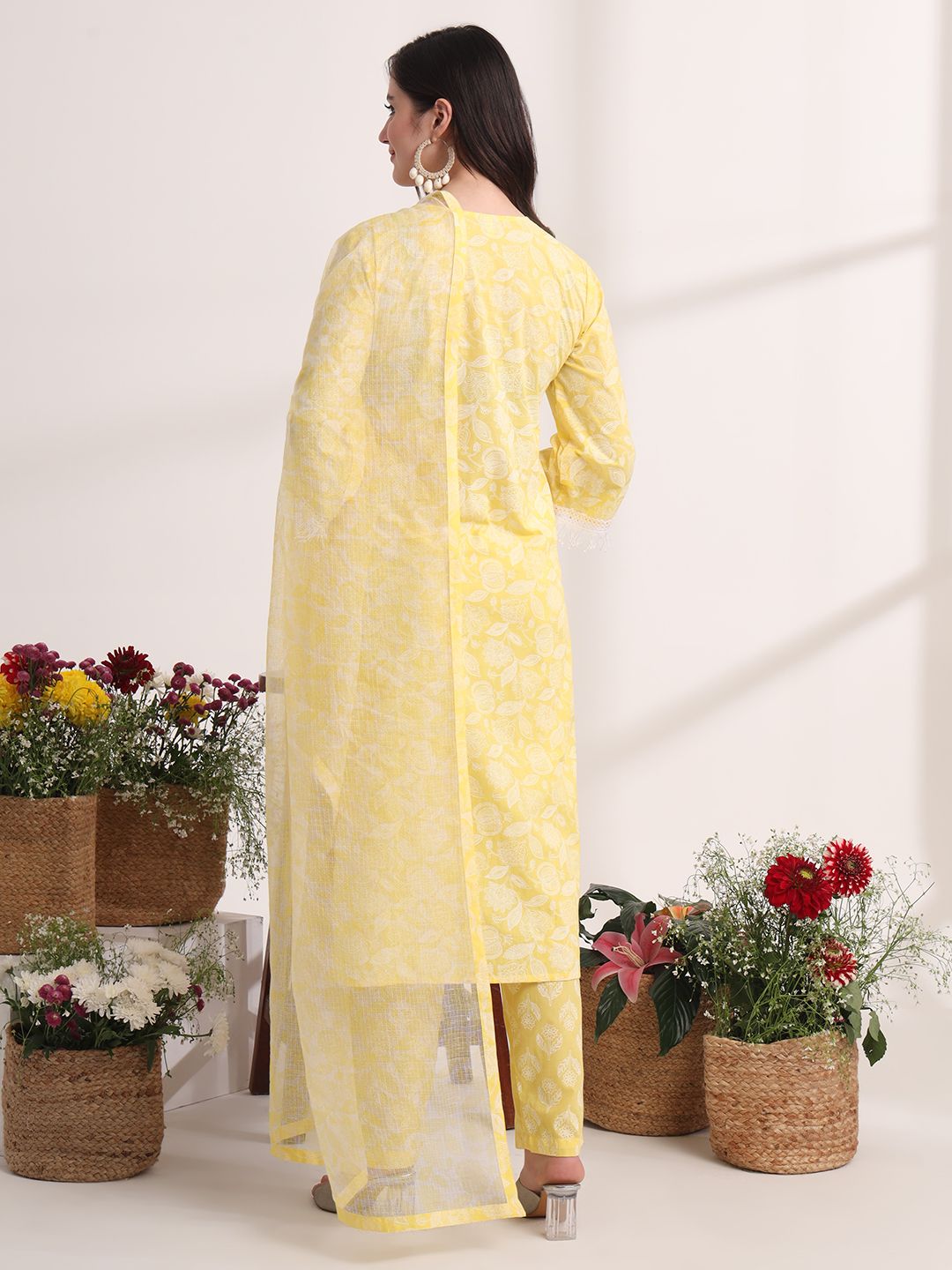 Yellow Floral Lace Work Straight Kurta Pant Dupatta Set