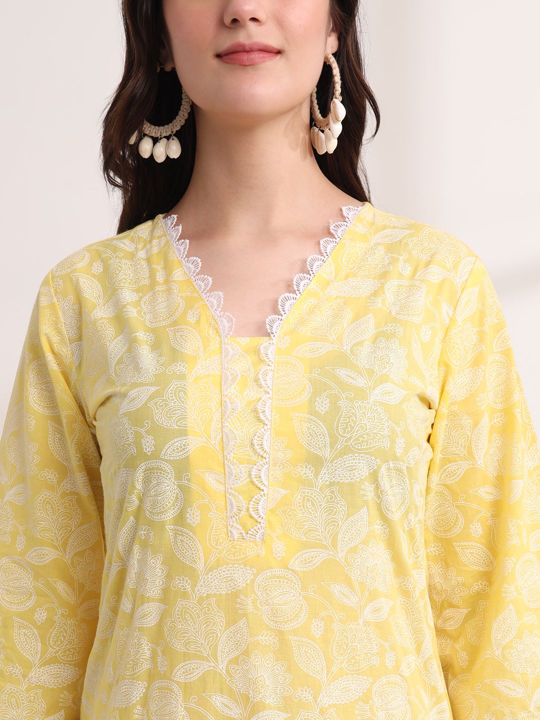 Yellow Floral Lace Work Straight Kurta Pant Dupatta Set