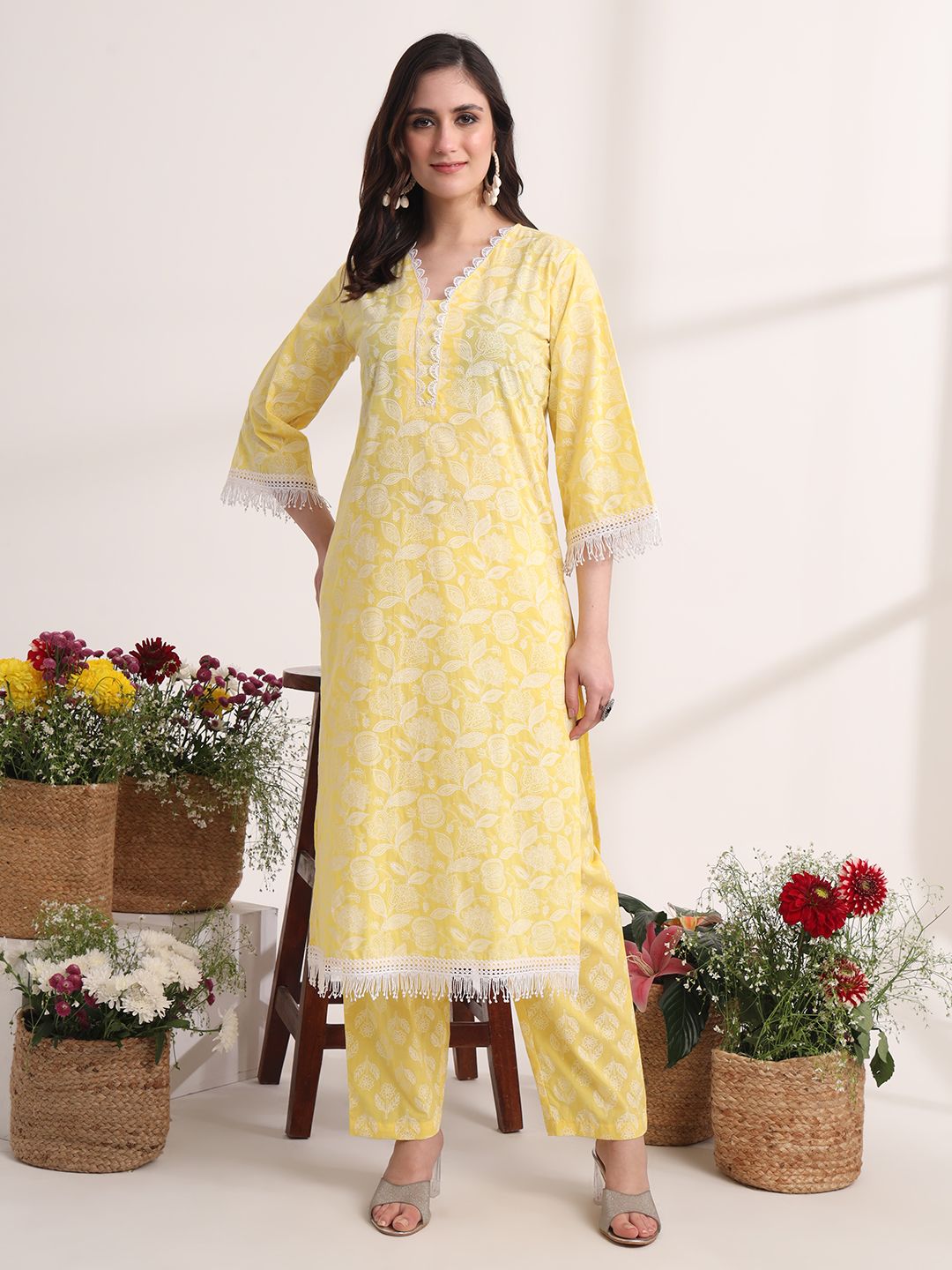 Yellow Floral Lace Work Straight Kurta Pant Dupatta Set