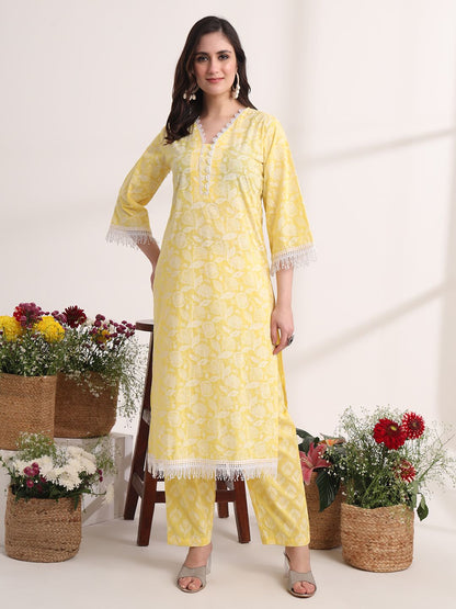 Yellow Floral Lace Work Straight Kurta Pant Dupatta Set