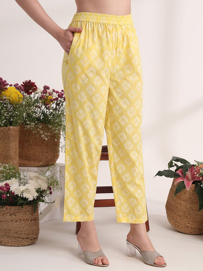 Yellow Floral Lace Work Straight Kurta Pant Dupatta Set