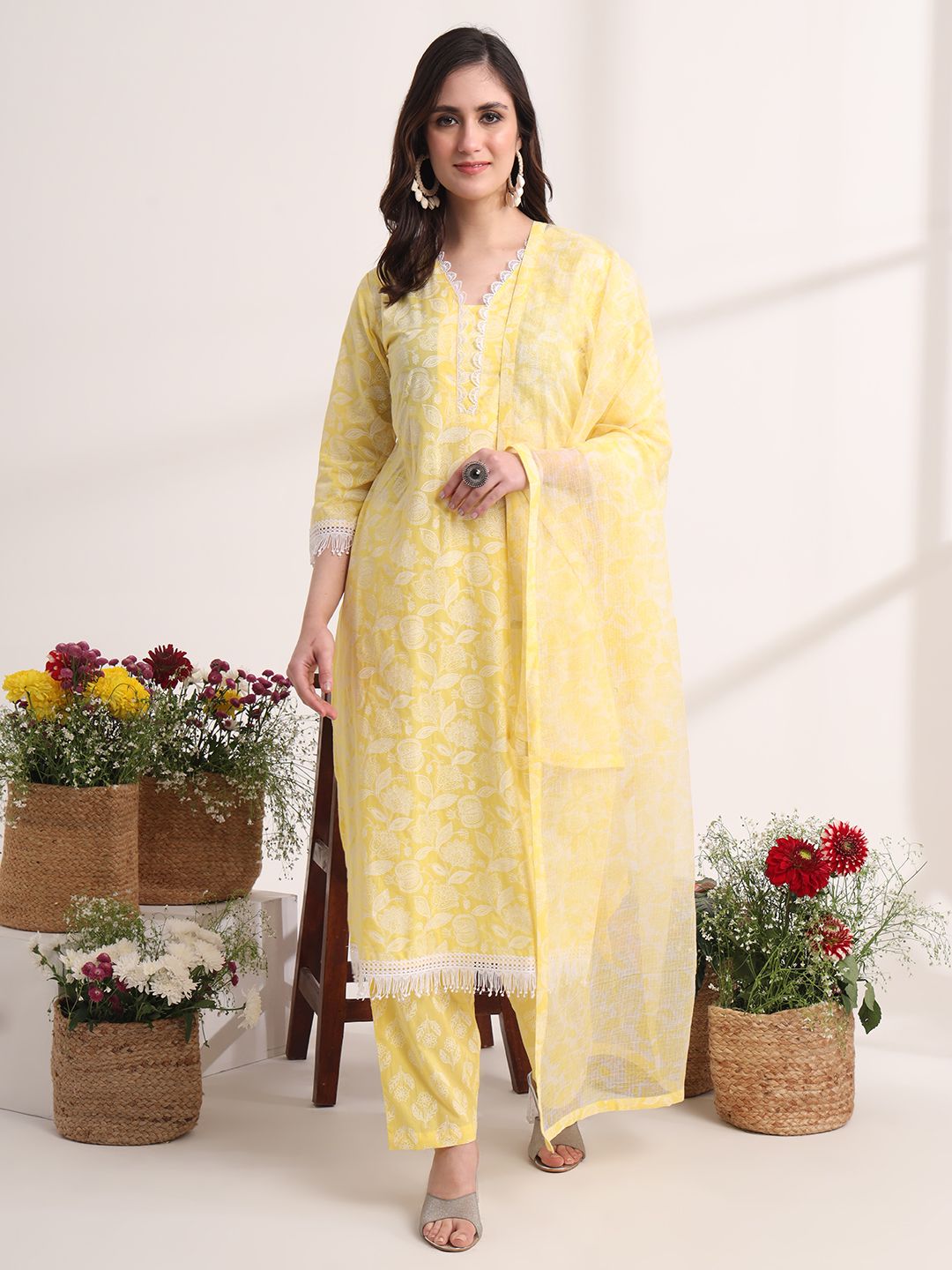 Yellow Floral Lace Work Straight Kurta Pant Dupatta Set