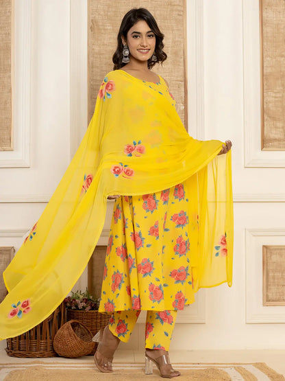 Yellow Floral Print Cotton A Line Style Kurta And Trousers With Dupatta Set
