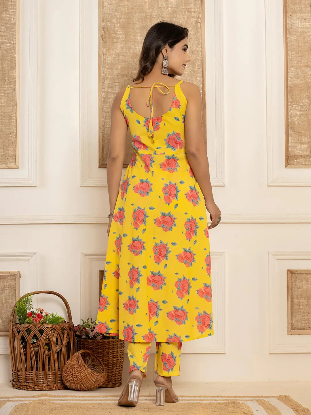 Yellow Floral Print Cotton A Line Style Kurta And Trousers With Dupatta Set
