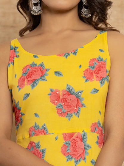 Yellow Floral Print Cotton A Line Style Kurta And Trousers With Dupatta Set
