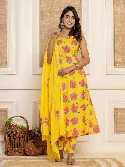 Yellow Floral Print Cotton A Line Style Kurta And Trousers With Dupatta Set