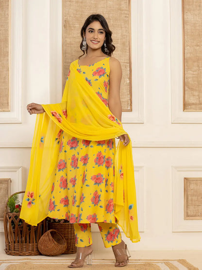 Yellow Floral Print Cotton A Line Style Kurta And Trousers With Dupatta Set