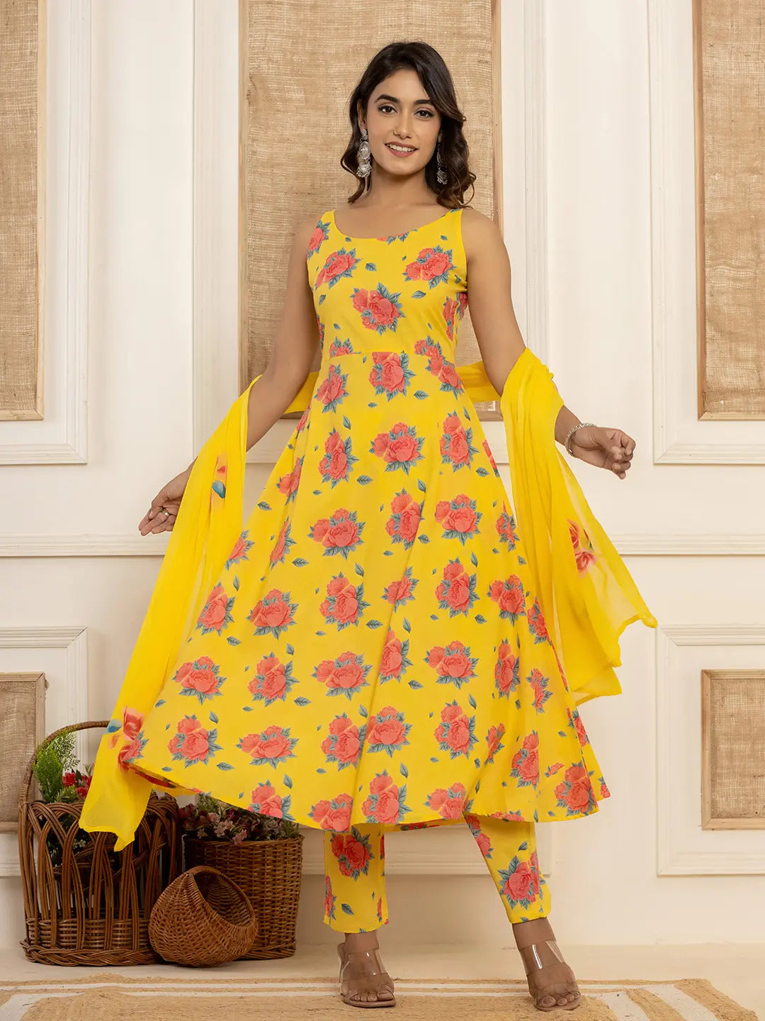 Yellow Floral Print Cotton A Line Style Kurta And Trousers With Dupatta Set