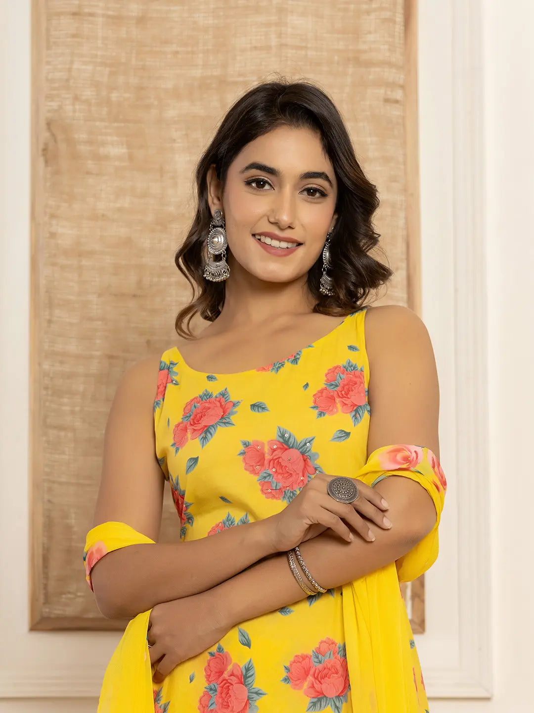 Yellow Floral Print Cotton A Line Style Kurta And Trousers With Dupatta Set