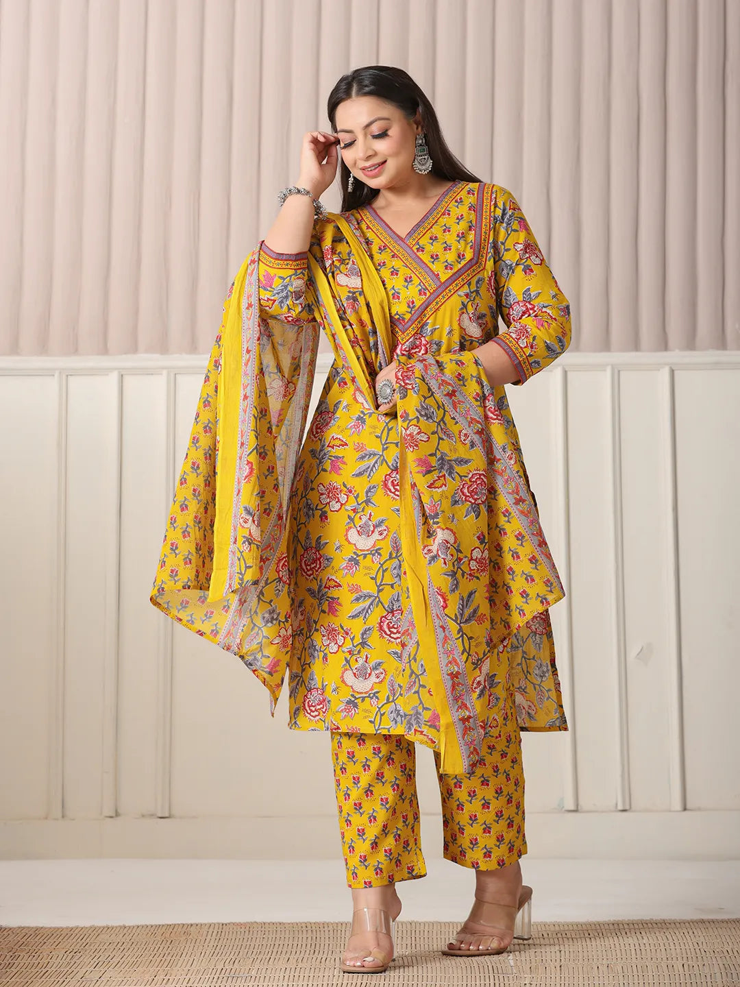 Yellow Floral Print Cotton Cut Dana Work Plus Size Kurta Set With Pant & Dupatta