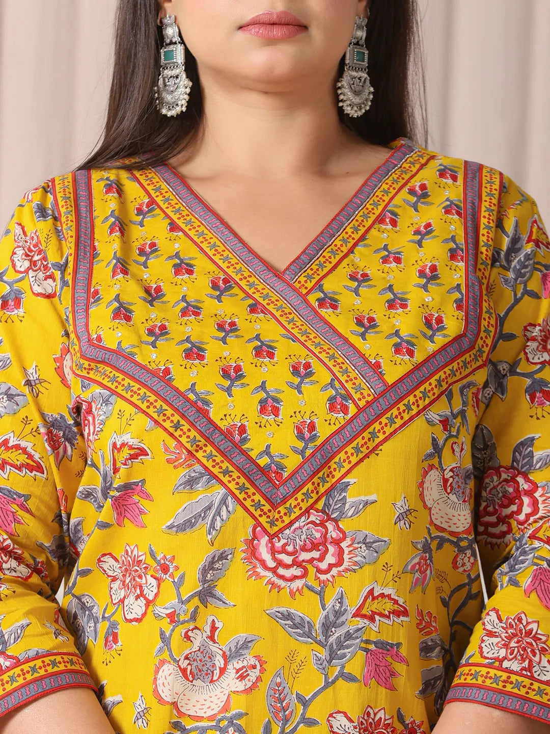 Yellow Floral Print Cotton Cut Dana Work Plus Size Kurta Set With Pant & Dupatta