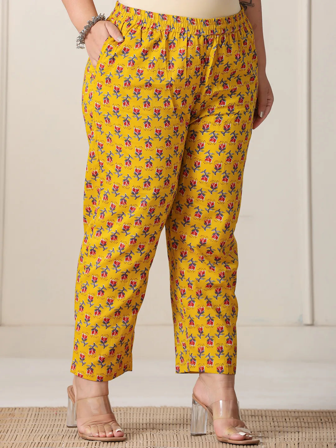 Yellow Floral Print Cotton Cut Dana Work Plus Size Kurta Set With Pant & Dupatta