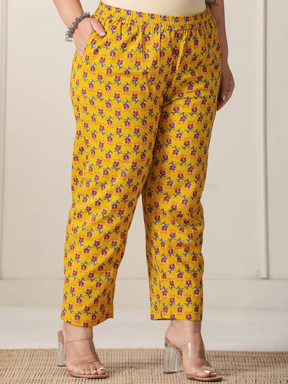 Yellow Floral Print Cotton Cut Dana Work Plus Size Kurta Set With Pant & Dupatta