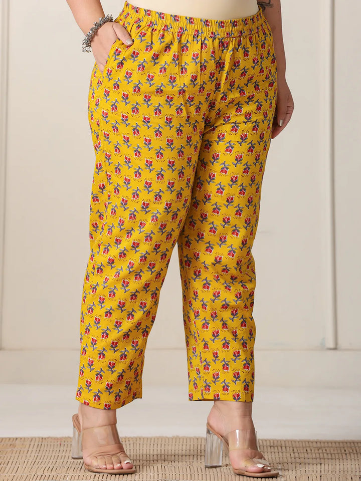 Yellow Floral Print Cotton Cut Dana Work Plus Size Kurta Set With Pant &amp; Dupatta