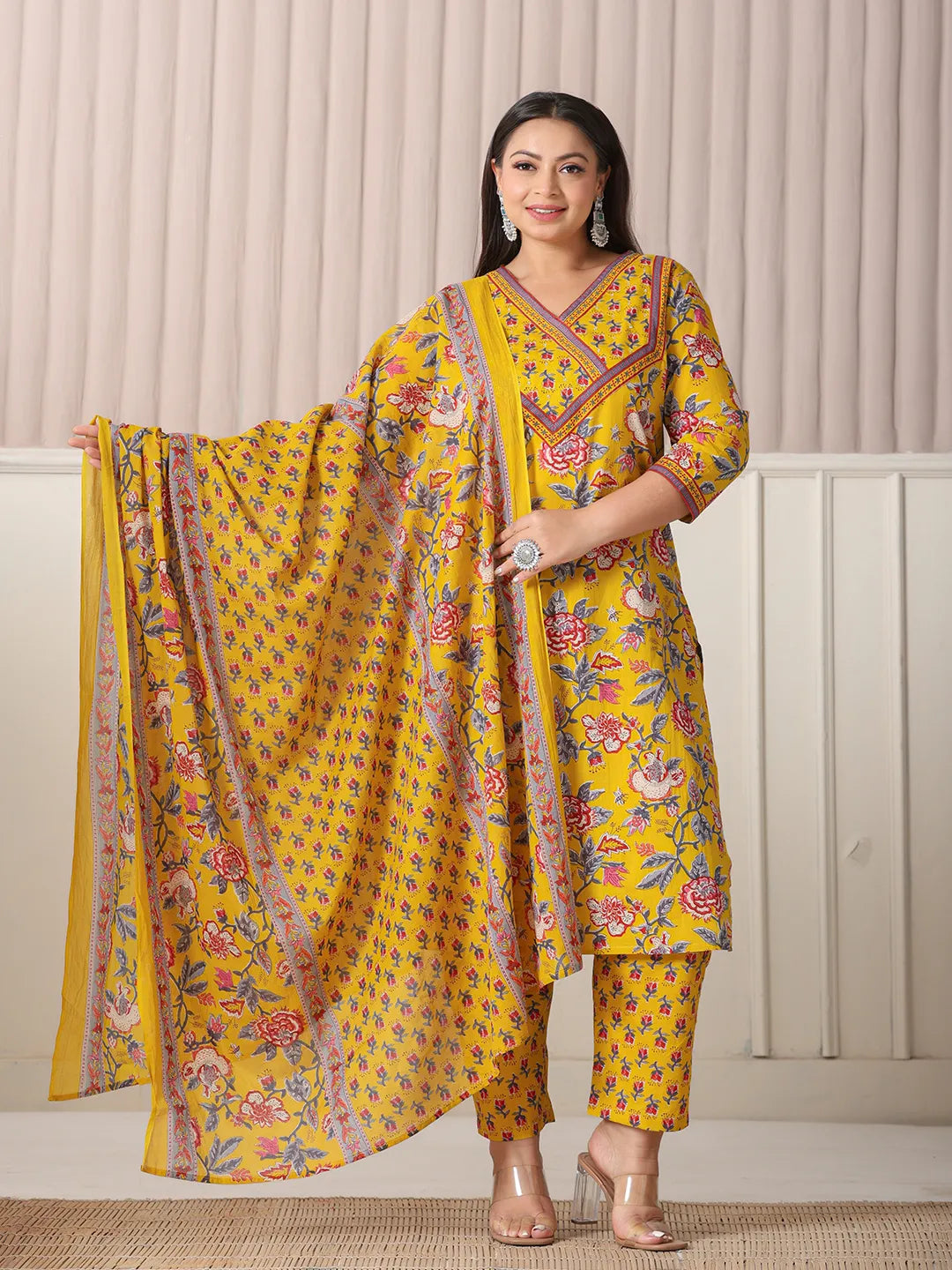 Yellow Floral Print Cotton Cut Dana Work Plus Size Kurta Set With Pant & Dupatta