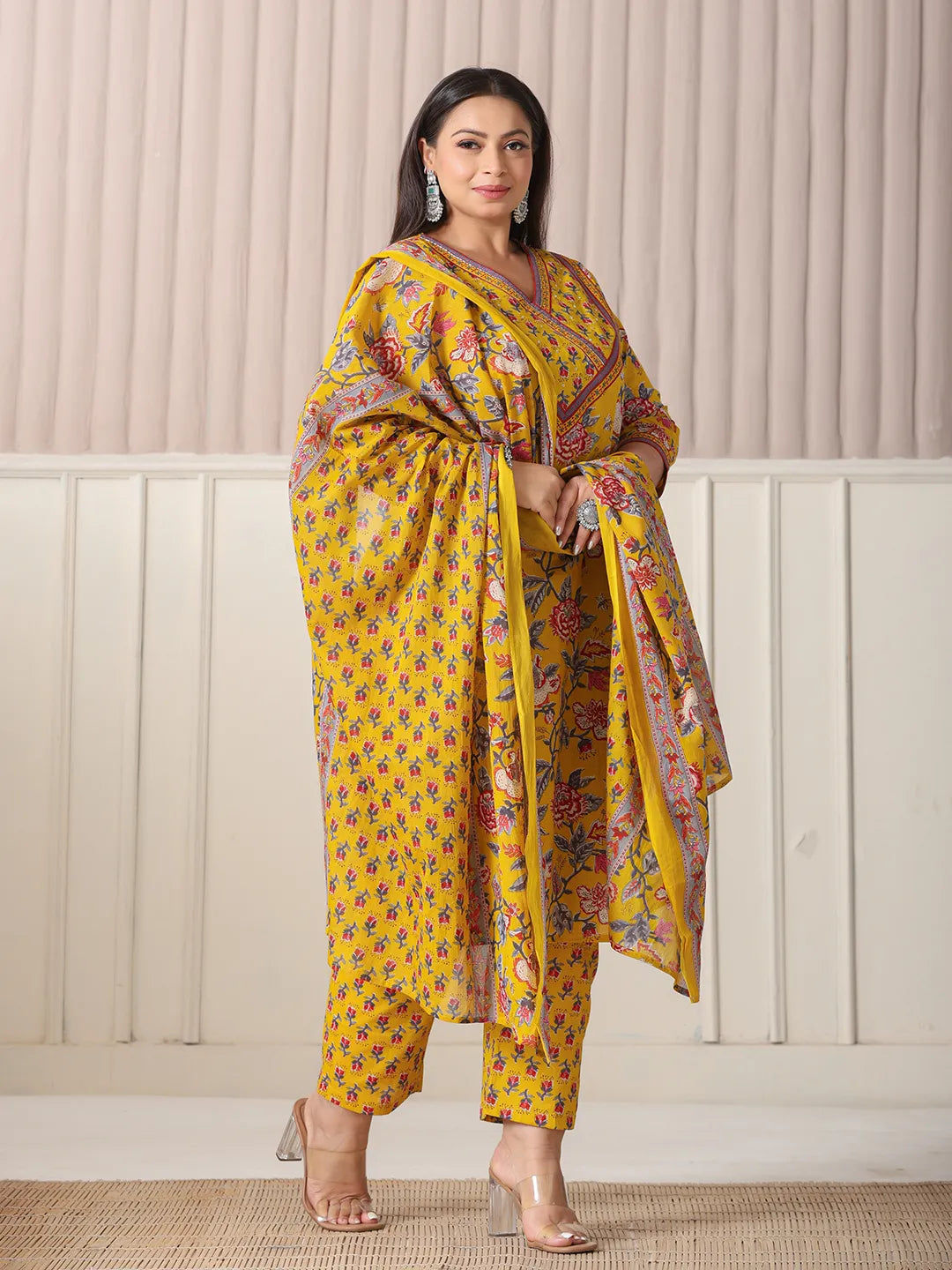 Yellow Floral Print Cotton Cut Dana Work Plus Size Kurta Set With Pant & Dupatta
