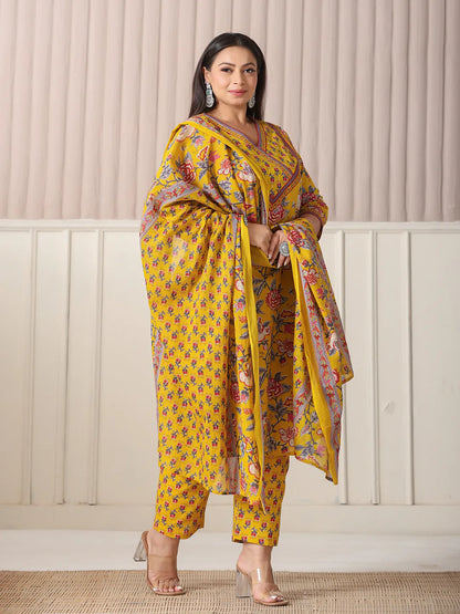 Yellow Floral Print Cotton Cut Dana Work Plus Size Kurta Set With Pant & Dupatta