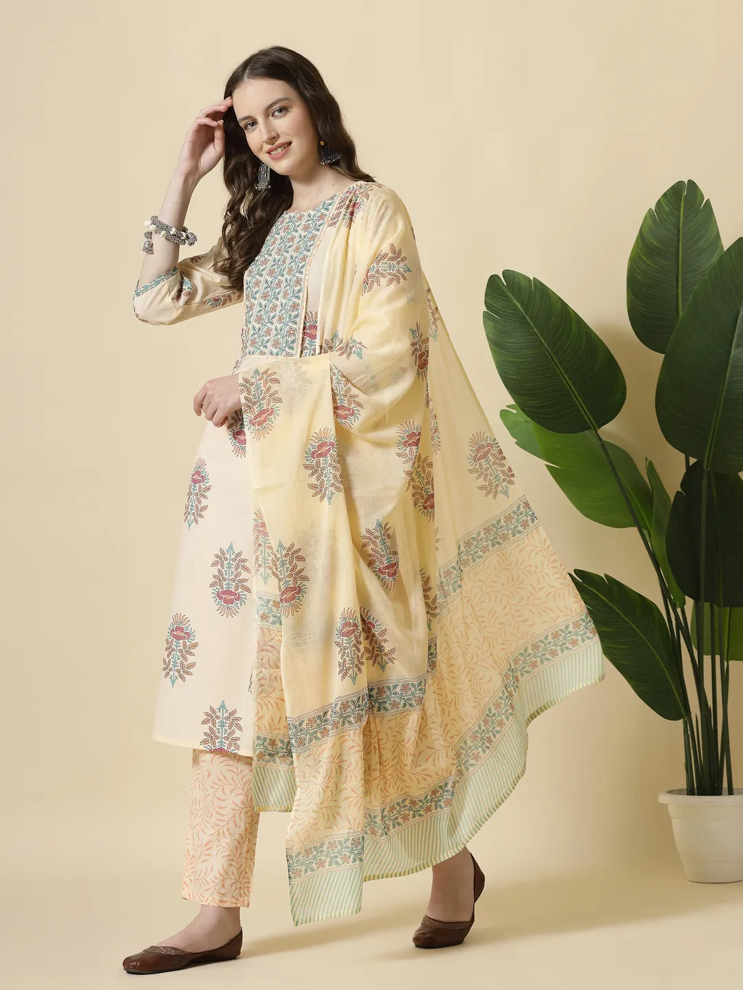 Yellow Floral Print Cotton Sequins Work Kurta Set With Pant & Dupatta