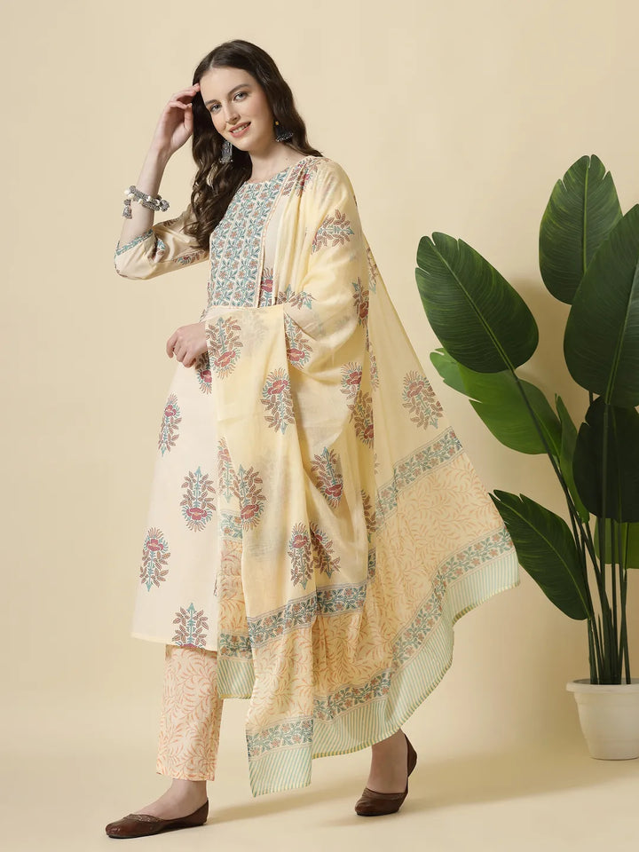 Yellow Floral Print Cotton Sequins Work Kurta Set With Pant &amp; Dupatta