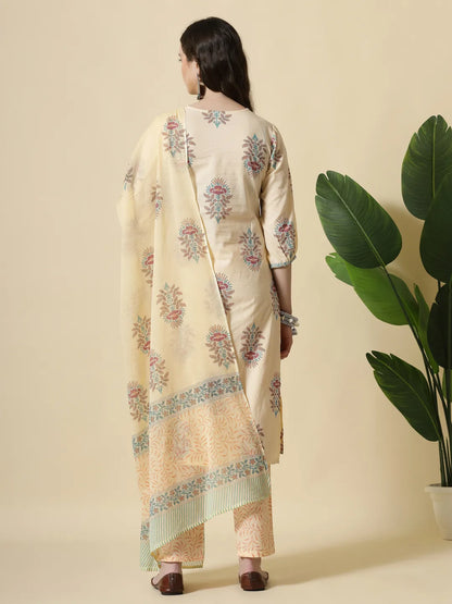 Yellow Floral Print Cotton Sequins Work Kurta Set With Pant & Dupatta