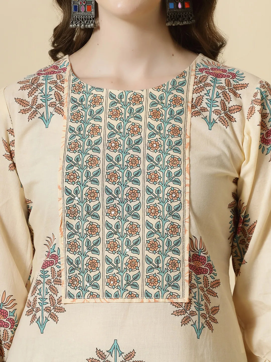 Yellow Floral Print Cotton Sequins Work Kurta Set With Pant & Dupatta