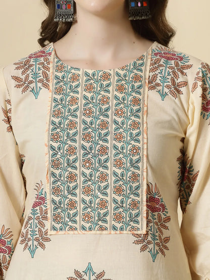 Yellow Floral Print Cotton Sequins Work Kurta Set With Pant & Dupatta