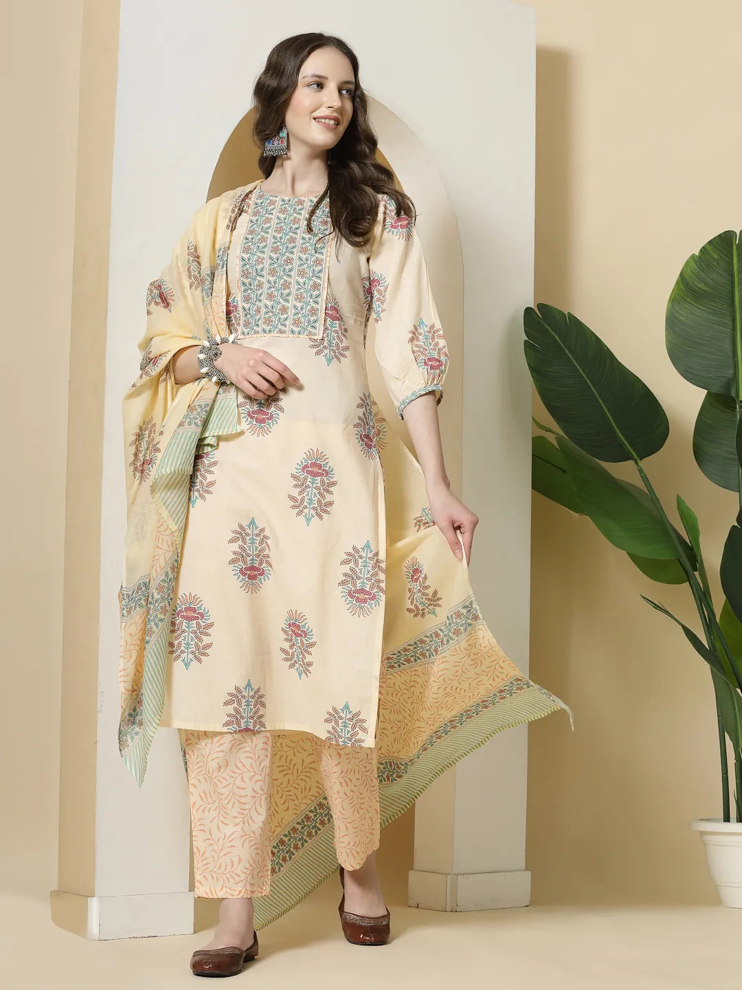 Yellow Floral Print Cotton Sequins Work Kurta Set With Pant & Dupatta