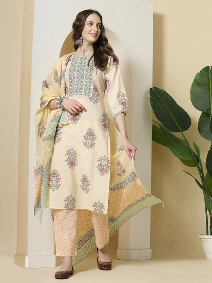 Yellow Floral Print Cotton Sequins Work Kurta Set With Pant & Dupatta