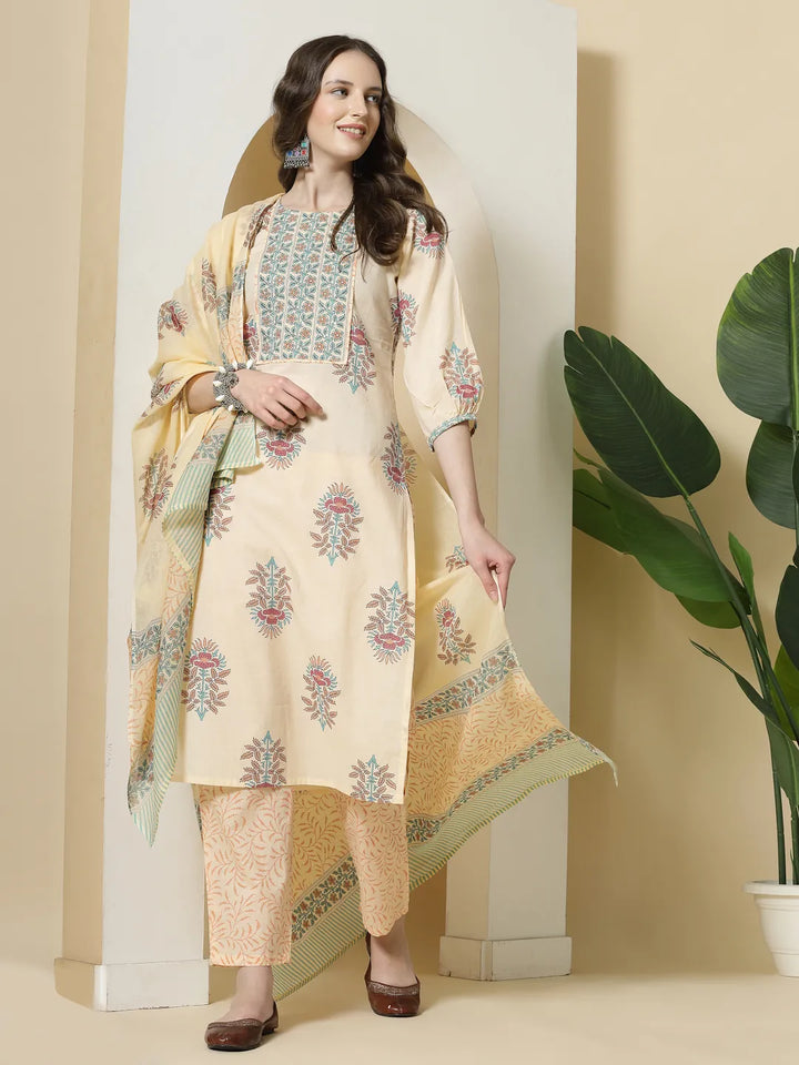 Yellow Floral Print Cotton Sequins Work Kurta Set With Pant &amp; Dupatta
