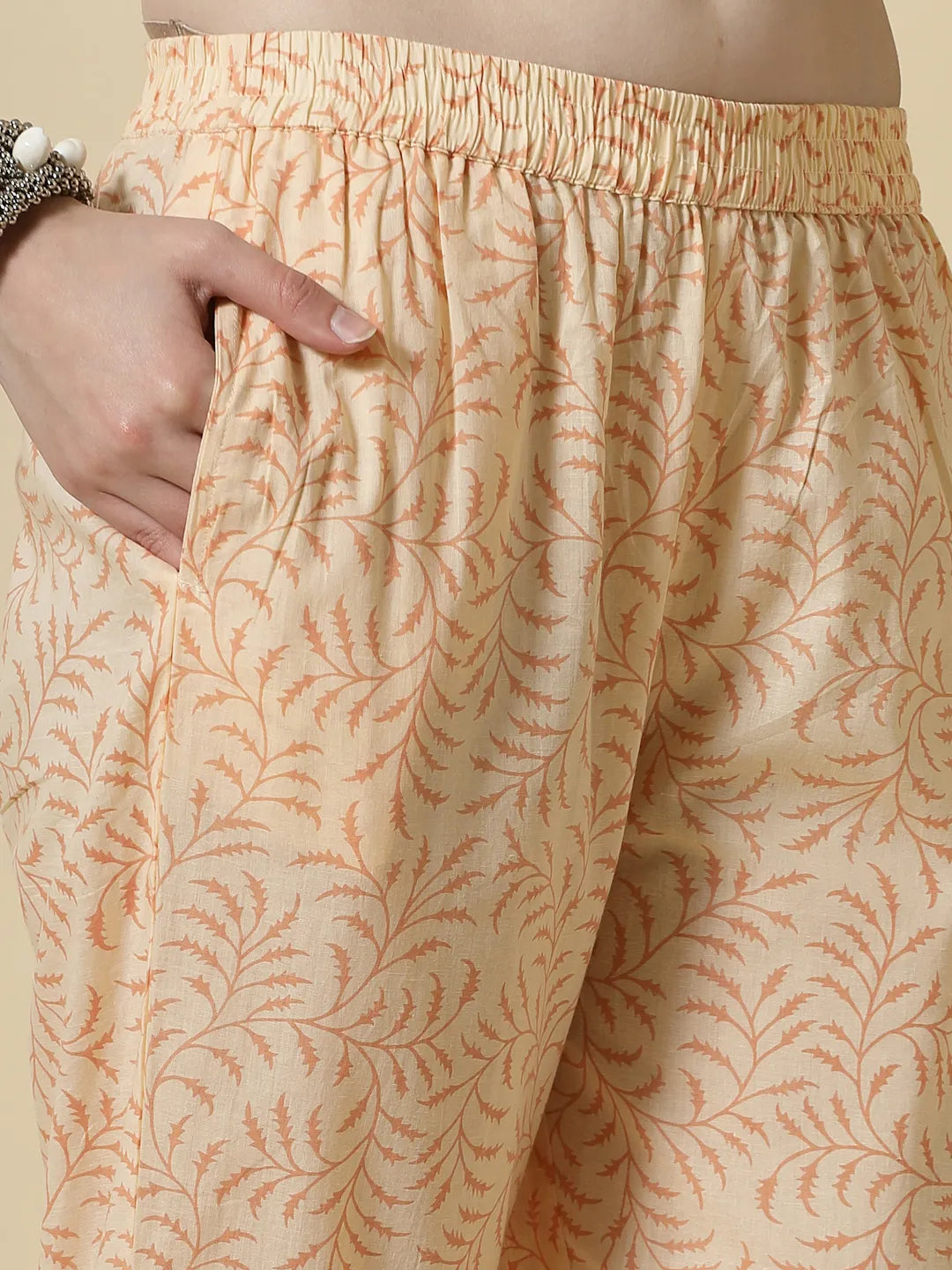 Yellow Floral Print Cotton Sequins Work Kurta Set With Pant & Dupatta