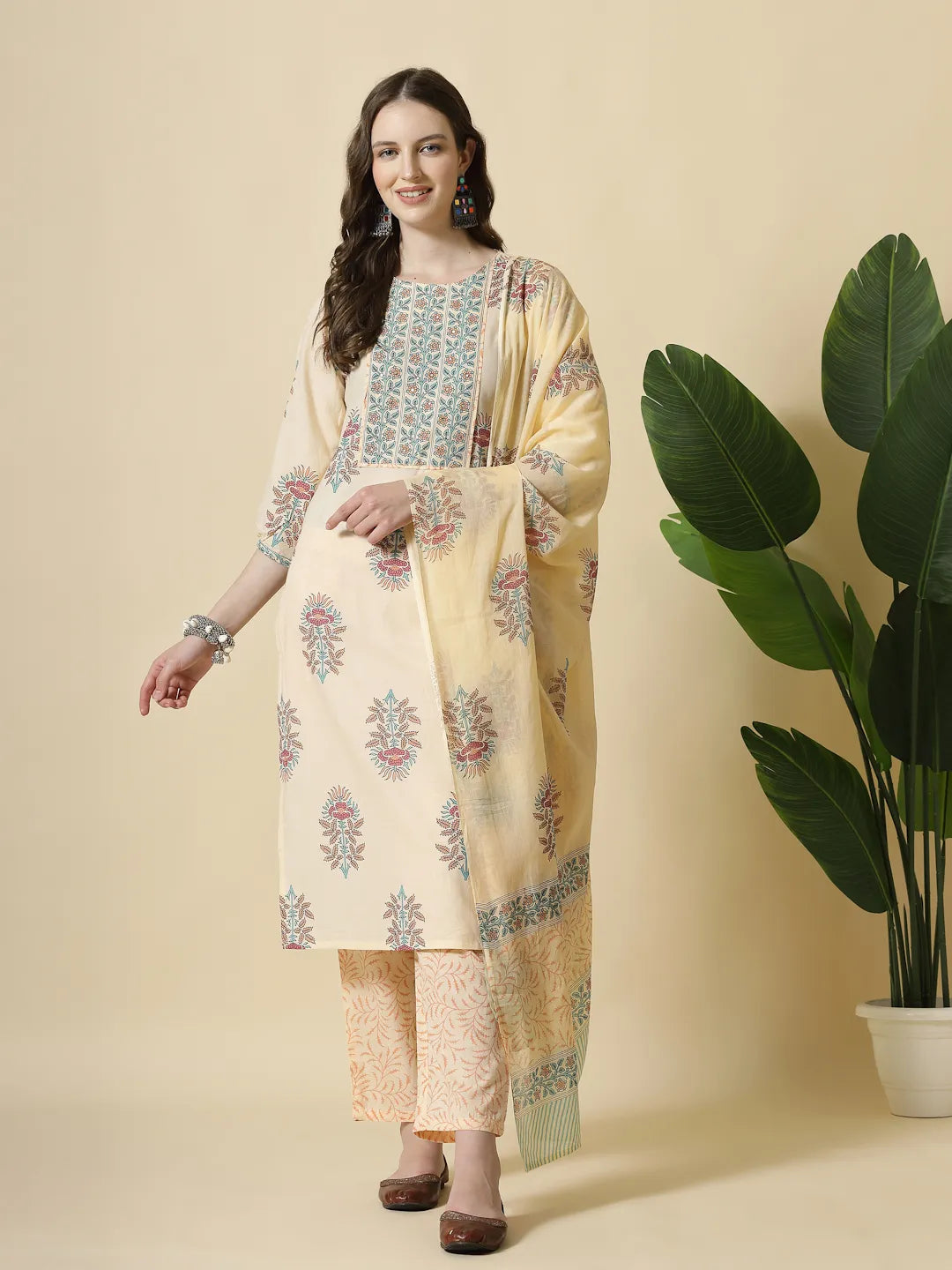 Yellow Floral Print Cotton Sequins Work Kurta Set With Pant & Dupatta